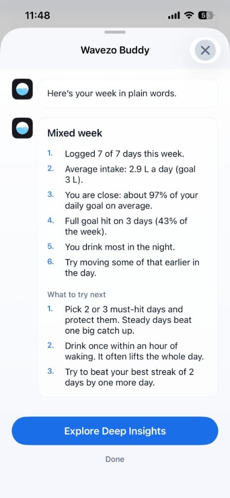 Wavezo Buddy weekly summary in plain language with what to try next