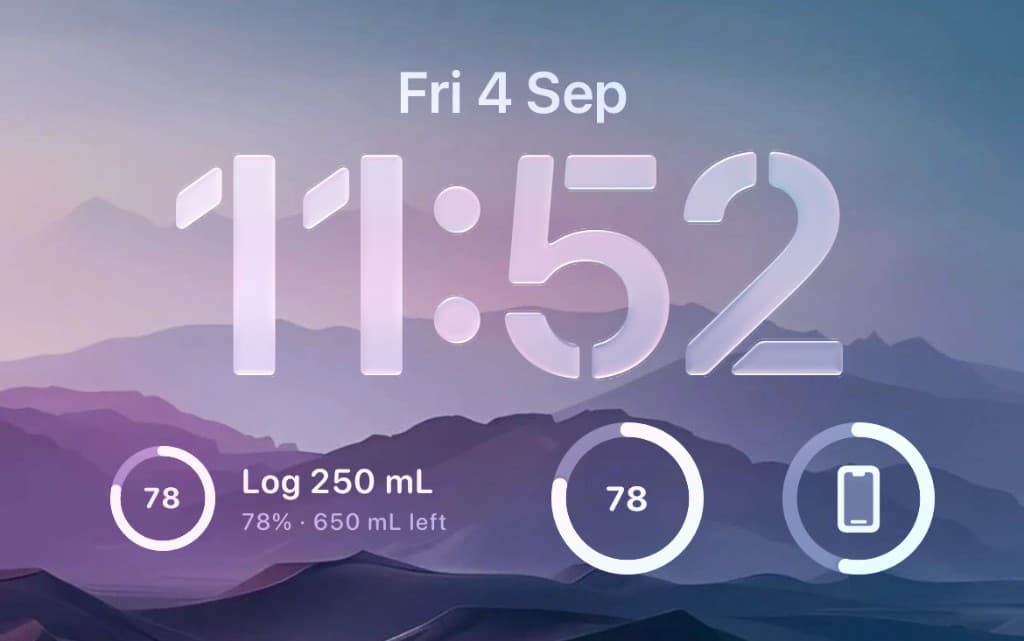 Wavezo lock-screen widget with today's intake, remaining goal, and one-tap log amounts