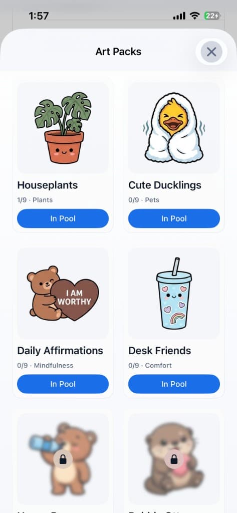 Wavezo Art Packs screen with Houseplants, Cute Ducklings, Daily Affirmations, and Desk Friends